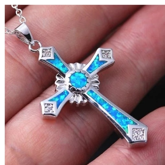 Jewelry - Beautiful blue opal Cross necklace NWT
